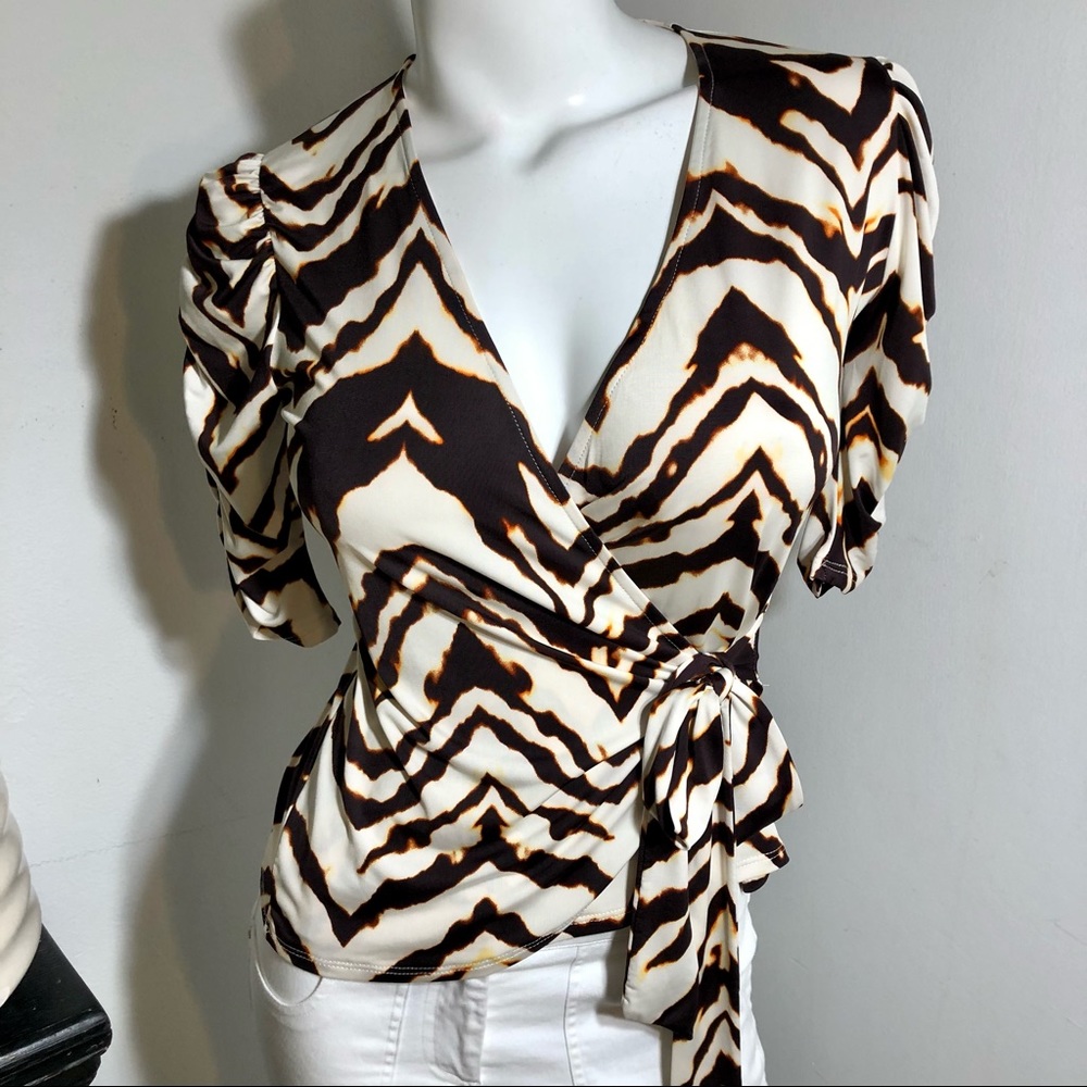 Veronica M Tiger Print Stretchy Knit Wrap Top
